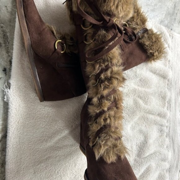 Fusion Brown Suede Faux Fur Lace Up Boots, Size 7 - Picture 2 of 9